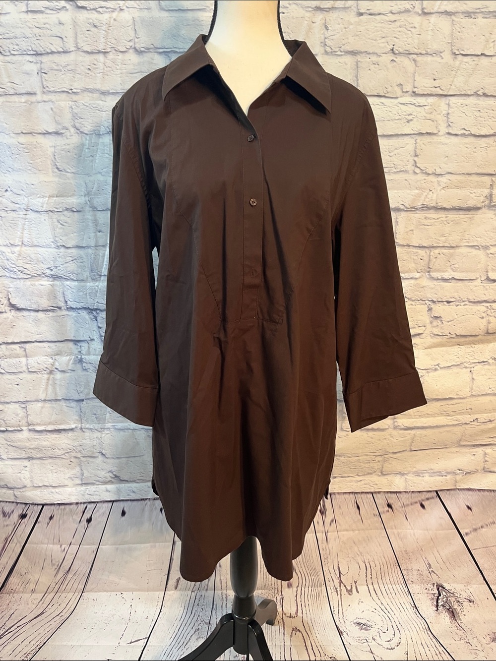 Chico’s Brown Popover Tunic Top Partial Button Down Cotton Chicos Size 3 XL